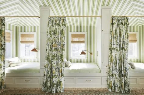 Summer Thornton, Fresh Living Room, Veranda Magazine, Bunk Rooms, Interior Design Process, Twin Beds, Bunk Room, Green Rooms, Striped Wallpaper