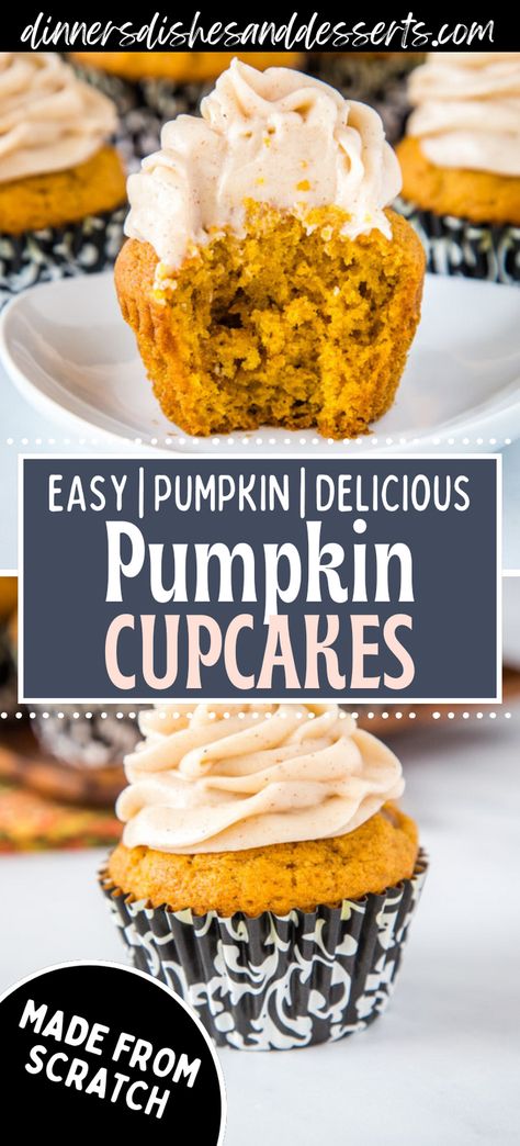 Pumpkin Spice Cupcakes with Cream Cheese Frosting – tender pumpkin cupcakes up all the delicious fall spices and topped with a cinnamon flavored cream cheese frosting.  #fallrecipes #falldesserts #pumpkinrecipes #pumpkincupcakes Pumpkin Spiced Cupcake, Pumpkin Cupcakes Recipes, Pumpkin Spice Cupcakes Recipe, Flavored Cream Cheese Frosting, Fall Cupcake Ideas, Easy Pumpkin Cupcakes, Cream Cheese Filled Cupcakes, Flavored Cream Cheese, Pumpkin Cupcake Recipes