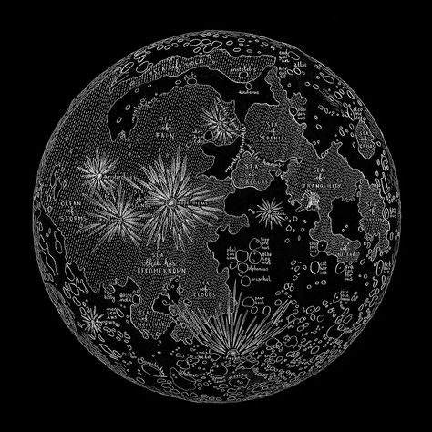 A pen and ink map of the moon, picking out major features and all the sees and oceans. Originally drawn in white ink on black watercolour paper, limited edition prints are now available.  #moon #map #mapofthemoon #cartography #artist #moonillustration #moonart #moondrawing Planet Ink, Moon Map, Illustrated Maps, Moon Surface, Moon Drawing, Moon Illustration, Original Art Prints, Illustrated Map, Watercolour Paper