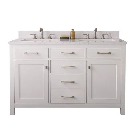 Mercury Row® Atencio 54" Double Bathroom Vanity Set & Reviews | Wayfair Stone Vanity Top, Stone Vanity, Ceramic Undermount Sink, Transitional Vanity, Undermount Sinks, Drawer Space, Double Vanity Bathroom, White Marble Countertops, Double Bathroom