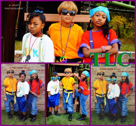 Creative, Fun, Easy DIY Kids Girls Early TLC Singing group R&B Halloween Costume. T-BOZ. LEFT EYE, AND CHILLI. Best 90s Themed Costumes, Tlc Halloween Costume Ideas, Left Eye Costume, Tlc Halloween Costume, Kids 80s Outfit Ideas, Tlc Outfits 90s Ideas, Tlc Costume, Tlc Outfits 90s, Squad Costumes