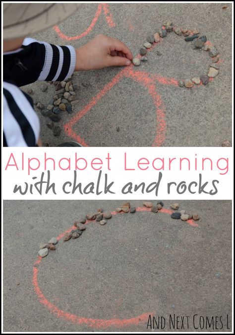 Outdoor alphabet learning for toddlers and preschoolers using chalk and rocks from And Next Comes L Letter E Activities, Outdoor Preschool, Learning For Toddlers, Outdoor Learning Activities, Alphabet Learning, Nature School, Preschool Literacy, Outdoor Education, Outdoor Classroom