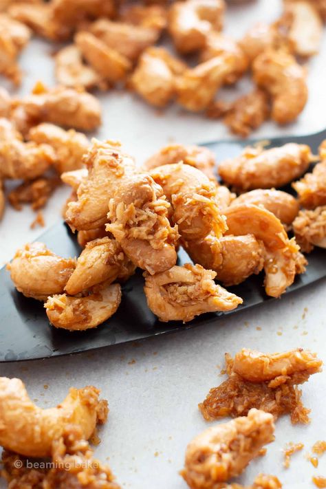 4 Ingredient Toasted Coconut Cashews Recipe (Paleo, Gluten Free, Vegan) - Beaming Baker Toasted Cashews Recipe, Seasoned Cashew Recipe, Recipes With Raw Cashews, Coconut Cashews Recipe, Cashew Ideas, Recipes Using Cashews, Recipes With Cashews, Flavored Cashews, Paleo Coconut Cookies