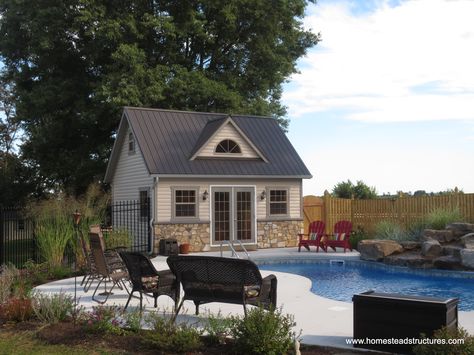 Heritage Pool House | Homestead Structures Cabana Poolside, Pool Sheds, Vinyl Siding House, Pool House Shed, Yard Sheds, Shed Sizes, Build Your Own Shed, Vinyl House, Custom Sheds