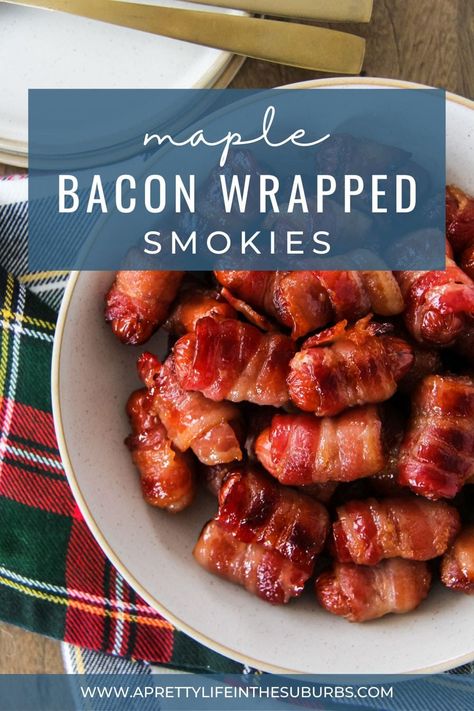 If you're looking for a party perfect appetizer, these Maple Bacon Wrapped Smokies are it! These popular little bites of deliciousness are always a crowd favourite. Wrapped Smokies, Little Smokies Recipes, Smokies Recipe, Bacon Wrapped Appetizers, Bacon Wrapped Smokies, Little Smokies, Caramelized Bacon, Brown Sugar Recipes, Thanksgiving Appetizer Recipes