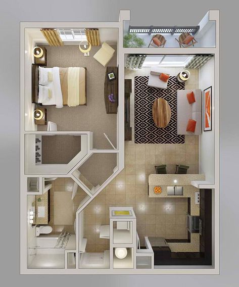 20 One Bedroom Apartment Plans for Singles and Couples | Home Design Lover Kitchen Window Bar, Apartment Living Room Layout, Trendy Apartment, Apartment Floor Plan, Studio Apartment Layout, Apartment Architecture, Apartment Layout, Apartment Plans, 아파트 인테리어