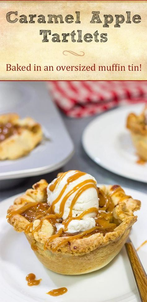 Caramel Apple Tartlets | Baked in an over-sized muffin tin! Caramel Apple Tartlets, Apple Tartlets, Mini Tartlets, Pumpkin Swirl Cheesecake, Tartlets Recipe, Holiday Baking Recipes, Caramel Apple Pie, Scrumptious Desserts, Baking Project