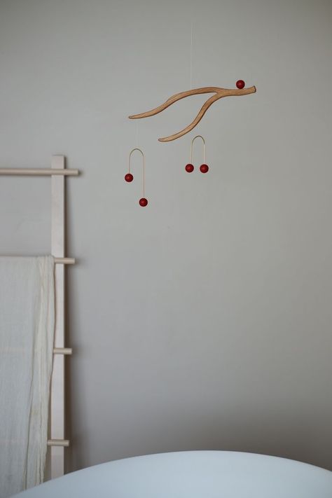 This mobile's name is Cherry.
Our inspiration was just branch of real Cherry tree and it was enough. Pure love! Hanging Mobile Art, Mobile Kids, Kinetic Mobile, Mobiles For Kids, Wooden Mobile, Mobile Sculpture, Mobile Hanging, Mobile Nursery, Art For Home Decor