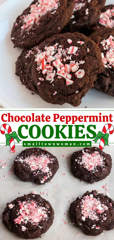 A Christmas dessert idea featuring soft and chewy chocolate cookies! Packed with chocolate chips and crushed peppermint candy, this Christmas cookie recipe is perfect. Complete your holiday baking list with these double chocolate peppermint cookies! Chocolate Peppermint Cookies Recipe, Chocolate Desserts Fancy, Peppermint Cookie Recipe, Easy Holiday Baking, Crushed Peppermint, Christmas Cookie Recipes Holiday, Cookie Exchange Recipes, Chocolate Peppermint Cookies, Easy Holiday Desserts