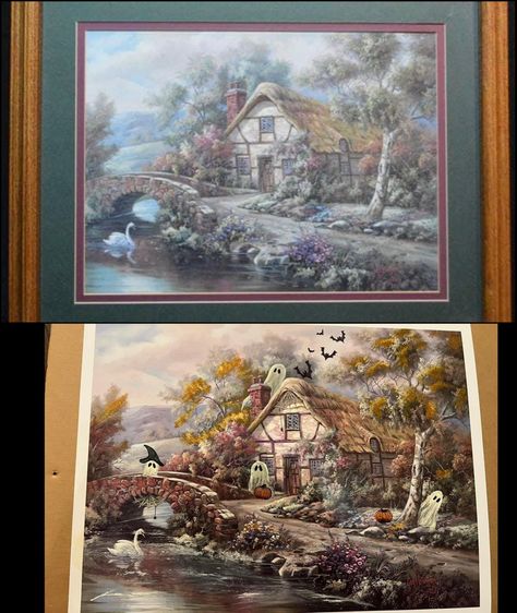 Thrift store painting re-painted halloween themed Halloween Picture Painting Ideas, Thrift Painting, Repainting Pictures For Halloween, Adding To Old Paintings, Thrift Painting Redo, Thrift Store Painting, Vintage Halloween Painting Ideas, Halloween Painting Over Pictures, Halloween Painting Trend