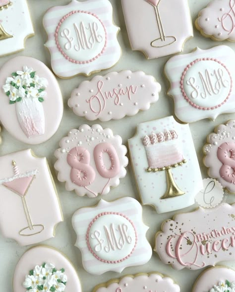 80th Birthday Cookies, 60th Birthday Cookies, Stenciled Cookies, Birthday Cookies Decorated, Cookie Techniques, Birthday Getaway, Birthday Sugar Cookies, Pink Gold Birthday, Girly Birthday