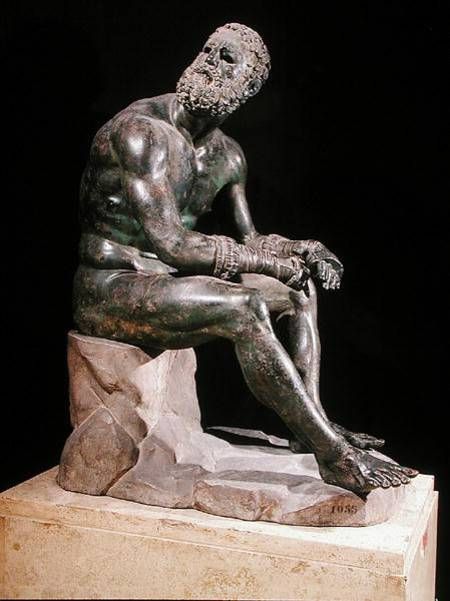 Seated boxer, Greek, 4th century BCE, Bronze. This sculpture depicts a defeated boxer with definite signs of fighting. The way it is sculpted creates a sense of emotion from the pain and agony of the boxer. Seated Boxer, Hellenistic Period, The Boxer, Classic Paintings, Traditional Paintings, Aluminum Prints, Artistic Photography, Contemporary Artwork, Photographic Art