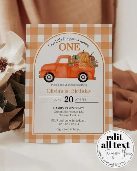 Celebrate your little one's first birthday in style with our Pumpkin Truck First Birthday invitation template! This adorable design features a charming little truck carrying pumpkins, perfect for fall festivities. It's easy to edit, download, and print, making it a convenient choice for busy parents planning a memorable birthday party. Make your child's special day extra "one-derful" with this cute and customizable invitation suite! Fall 1st Birthdays, Pumpkin 1st Birthdays, Pumpkin Truck, Busy Parents, Thanksgiving Parties, First Birthday Invitations, Pumpkin Orange, Fall Festival, Party Invitations