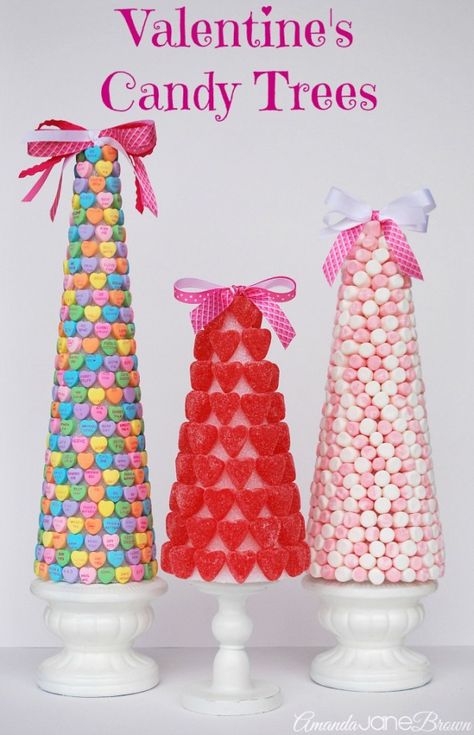 Valentine'sCandyTrees - Styrofoam cones found at Dollar Tree, Hobby Lobby or Michaels, candy hearts, gummy hearts, etc., glue, glue gun, ribbon and pedestal Valentines Idea, Candy Trees, Diy Valentines Day Wreath, Diy Valentine's Day Decorations, Valentine Tree, Diy Valentines Decorations, Creative Valentines, Diy Valentines Crafts, My Funny Valentine