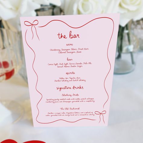 Elevate your event with our Pink Bow Drinks Menu! Perfect for weddings, engagements, bridal showers, hen's nights, and bachelorette parties, this elegant and whimsical design is the perfect addition to your table decor or bar setup. Cheers to unforgettable celebrations! 🍸🎀 #WeddingDrinksMenu #EngagementParty #BridalShower #HensNight #BacheloretteParty #PinkBowMenu #ElegantDecor #WhimsicalDesign #EventStyling #BarSetup #PartyPlanning #EventDetails #SpecialOccasion #CustomMenus #TableDecor #Cel... Cocktails Made With Vodka, Bridal Shower Decorations Pink, Bar Setup, Pink Bar, Bridal Events, Wedding Dr, Fruity Cocktails, Pink Bridal Shower, Bar Set Up