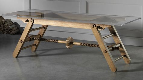 Height adjustable table. " my instinct would be to get down on all fours and crank that large gear in the middle by hand, to drive the threaded wooden rods and bring the legs closer together or further apart." Types Of Coffee Tables, Height Table, Adjustable Height Table, Traditional Table, Adjustable Table, Into The Woods, Retail Furniture, Solid Wood Furniture, Repurposed Furniture