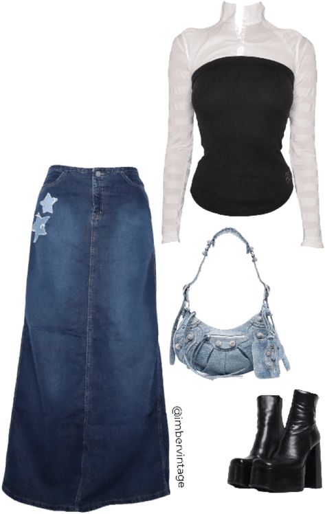 Maxi Jean Skirt Outfits, Denim Maxi Skirt Outfit, Platform Boots Outfit, Maxi Jean Skirt, Earth Girl, Leather Platform Boots, Jean Skirt Outfits, Casual Edgy, Outfit Polyvore