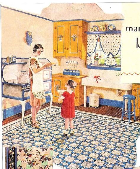 . 1920s Interior, 1920s Kitchen, 1940s Kitchen, Linoleum Flooring, Cottage Kitchens, Yellow Kitchen, Blue Kitchen, Vintage Room, Old Kitchen