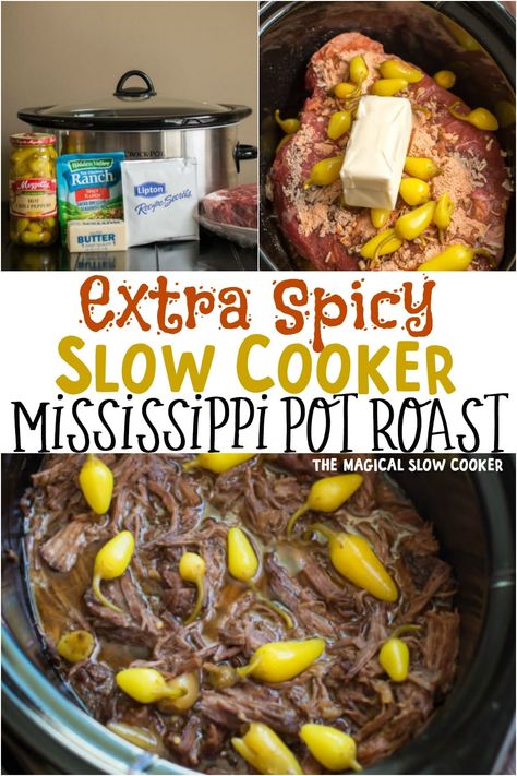 Do you like food with a spicy kick? Then you will LOVE this Slow Cooker Spicy Mississippi Pot Roast. This recipe has spicer peppers and spicy ranch! #mississippiroast #slowcooker #crockpot Slow Cooker Mississippi Pot Roast, Mississippi Roast Recipe, Crockpot Roast Recipes, Spicy Ranch, Magical Slow Cooker, Pot Roast Crock Pot Recipes, Mississippi Pot, Mississippi Roast, Pot Roast Recipe