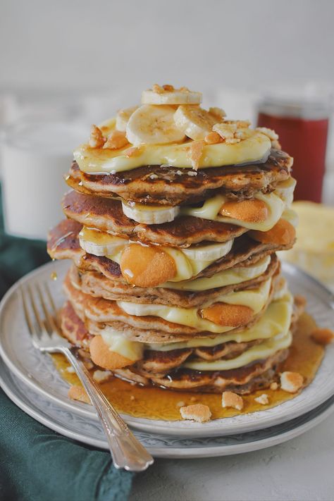 Banana Pudding Pancakes - Pancakes Make People Happy Banana Pudding Pancakes, Recipe For Banana Pudding, Pudding Pancakes, Super Fluffy Pancakes, Vegan Butter Substitute, Banana Cream Pudding, Pancakes Pancakes, Homemade Banana Pudding, Banana Pancake