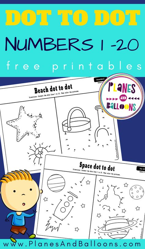 Dot to dot printables for preschoolers and kindergarten kids. Perfect for 1-10 and 1-20 number recognition activities. #prek #preschool #kindergarten #planesandballoons Learning Numbers 10-20, Space Dot To Dot Printables, Free Dot To Dot Printables, Easy Dot To Dot, Prek Printables, Printable Dot To Dot, Preschool Homework, Dot Activities, Number Recognition Activities