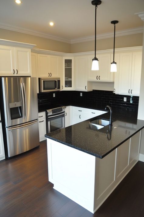 kitchen-with-black-countertops Black Kitchen Countertops With White Cabinets, What Color Cabinets With Black Granite, Dark Kitchen Countertops Ideas, Simple Modern Kitchen Ideas, Black Kitchen Countertops White Cabinets, Black Kitchen With Butcher Block Counter, Black Quartz Countertops Kitchen, Kitchen Design With Black Countertop, Backsplash Black Countertops