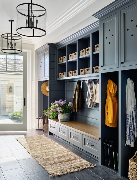 Mudroom Ideas: 10 Elements of a Functional, Organized Space - Acampora Interiors Mudroom Big Family, Luxury Mudroom Dream Homes, Mudroom Millwork, Garage Landing Mudroom, Modern Mudroom Entryway, Entry Mudroom Ideas, Mudroom Laundry Room Ideas Garage Entry, L Shaped Mudroom, Mudroom Colors