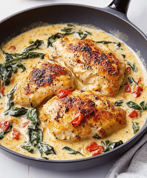 Enjoy a flavorful dinner with Creamy Tuscan Chicken, made with tender chicken, sun-dried tomatoes, spinach, and a rich Parmesan sauce. Vegan Tuscan Chicken, Tuscan Chicken Low Carb, Tuscan Chicken Recipes, Tuscan Chicken Thighs, Healthy Tuscan Chicken, Creamy Tuscan Chicken Recipe, Tuscan Chicken Recipe, Creamy Tuscan Chicken, Tuscan Chicken Pasta