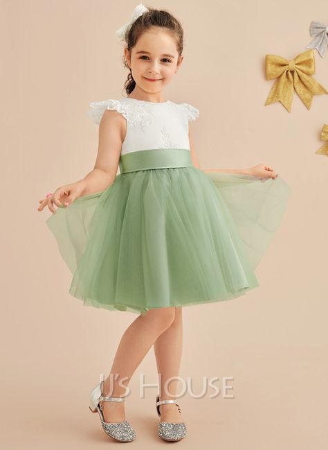 A-Line Knee-length Flower Girl Dress/Wedding Guest Dresses - Tulle/Lace Scoop With Bow(s) (010255694) - JJ's House Flower Girl Dress With Sleeves, Tulle Flower Girl Dress, Neck Flower, Tulle Flower Girl, Tulle Flowers, Dress Tulle, Flower Girl Dress Lace, Flower Girl Dresses Tulle, Lace Bows