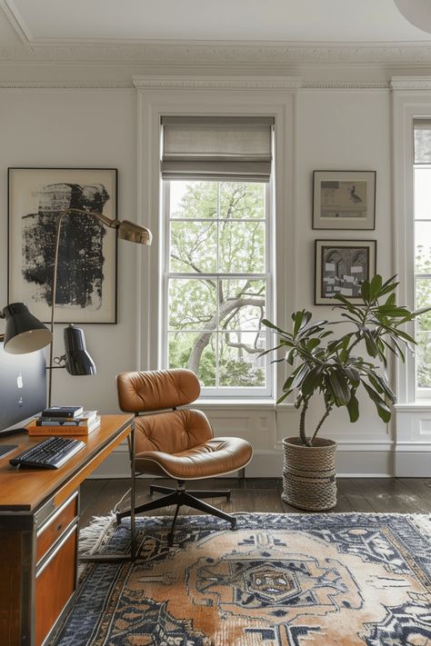 Create an inspiring retreat in your home with these chic office decor ideas. Professor Office, Loft Office Design, Modern Spanish Style Homes, White Eames Chair, California Office, Classic Bookshelves, Modern Spanish Style, Chic Office Decor, Chic Loft