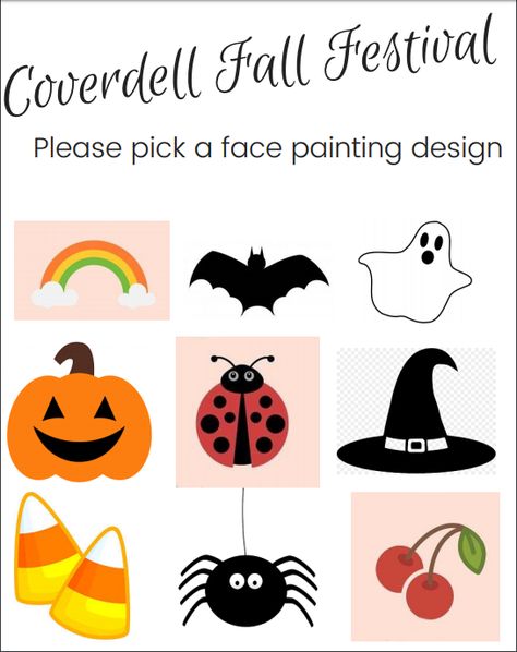 Coverdell Fall Festival Face Painting Designs 2018 Fall Cheek Face Painting, Fall Festival Face Painting Booth, Easy Fall Festival Face Painting Ideas, Face Paint Ideas For Kids Easy, Basic Halloween Face Paint, Small Halloween Face Paint Ideas, Simple Pumpkin Face Paint, Easy Halloween Face Painting For Kids, Easy Face Painting Designs Halloween