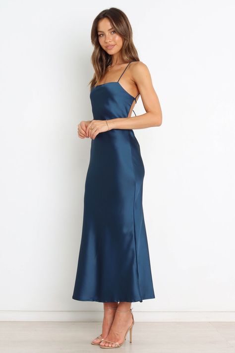 Adena Dress - Navy - Petal & Pup USA Silk Blue Dress Formal, Silk Dresses Midi, Blue Evening Dresses Satin, Silk Satin Bridesmaid Dress, Blue Dress Formal Satin, Bridesmaid Dresses Midi Blue, Formal Dinner Dress Blue, Bridesmaid Dress Silk Satin, Formal Dinner Dresses With Boots