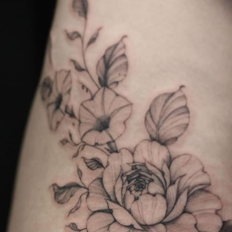 66 likes, 1 comments - raeatwoodtattoos on April 23, 2024: "Rose and morning glory hip for Maria. 🫶🏻". Morning Glory Tattoo, Glory Tattoo, Morning Glory, Tattoos