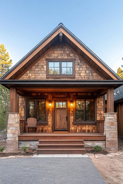 Wooden cabin with front porch in forest setting. Little cabins with less space can equal more joy, laughter, and maybe even a whole new perspective on what “downsizing” truly means. Cabin With Front Porch, Second Story Porch, Cabin Modern, Wood Facade, Forest Setting, Wooden Cabin, Wooden Facade, Home Exterior Ideas, Shed To Tiny House