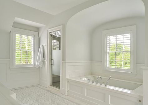 Art Above Tub, Tub Alcove, Grey Marble Floor, Bathtub Alcove, Barrel Ceiling, Blue Shades Colors, White Tub, Glazed Walls, White Subway Tiles