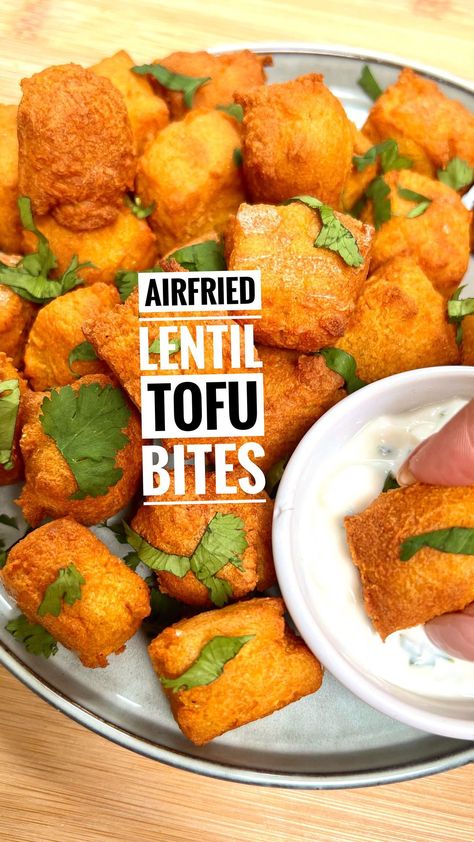 Airfried Lentil Tofu Bites Recipe https://resepmamiku.com/en/airfried-lentil-tofu-bites-whenmeateatsveg Air Fryer Lentils, Red Lentil Tofu Recipes, Brown Lentil Tofu, Red Lentil Tofu, Lentil Tofu Recipes, Lentil Bites, Red Lentils Recipe, Eoe Diet, Lentil Tofu