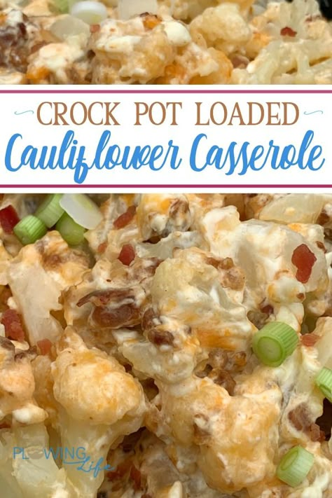 Frozen cauliflower loaded with cream cheese, shredded cheese, bacon and green onions taste so good that even the picky eaters in our family enjoy it!  Using the slow cooker makes this side dish easy enough to make on the busiest of days! Crock Pot Cauliflower Recipes, Low Cholesterol Crockpot Recipes, Crock Pot Veggie Recipes, Keri Crockpot Recipes, Crock Pot Low Carb Meals, Crock Pot Keto Recipes, 9x13 Crockpot Recipes, Keto Crock Pot Meals, Low Carb Crockpot Meals