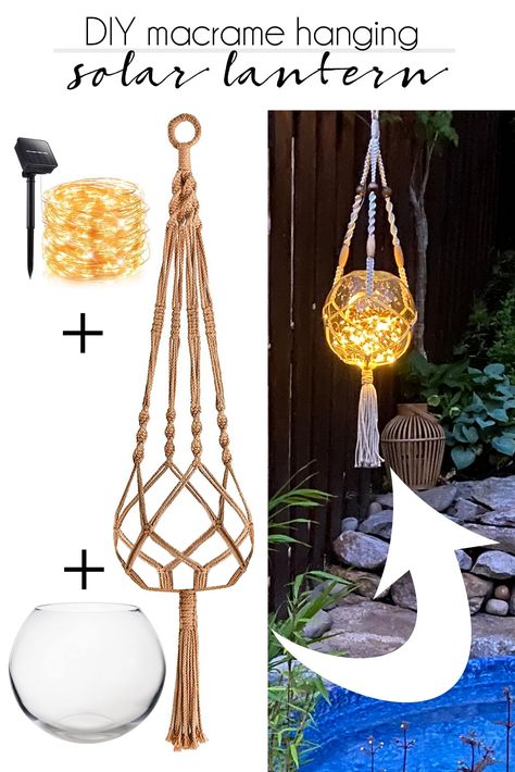 DIY macrame outdoor hanging solar lantern | macrame lantern | macrame planter | solar light lantern | how to make a solar lantern | DIY macrame outdoor hanging solar lantern | fairy lights | fairly light lantern | DIY outdoor lantern #macrame #bohodecor #outdoorliving Macrame Outdoor, Solar Hanging Lanterns, Macrame Plant Hanger Patterns, Macrame Hanging Planter, Macrame Planter, Diy Lampe, Solar Lantern, Diy Lanterns, Solar Lanterns