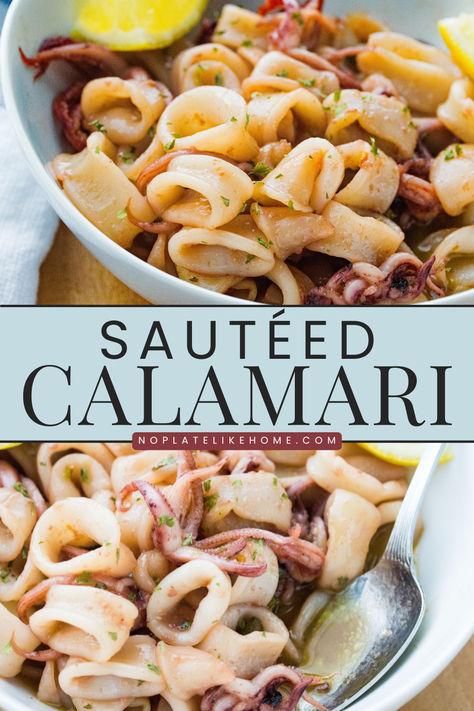 Learn how to saute calamari with this easy, step-by-step, delicious recipe where the calamari is seasoned with fresh garlic, extra virgin olive oil, dry white wine, capers and fresh lemon juice. It’s low carb and gluten free! Fresh Calamari Recipes, How To Make Calamari, How To Cook Calamari, Calimari Dishes, Calamari Recipes Sauteed, Squid Rings Recipe, Calamari Rings Recipe, Sauteed Calamari, Calamari Appetizer