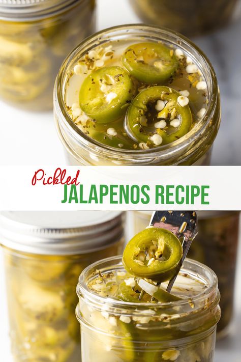 How to Pickle Jalapenos - These spicy, slightly sweet Jalapeno Pickles are made with a quick and easy refrigerator pickle recipe. Learn our foolproof method for making perfect pickled peppers from scratch - without canning! You only need a handful of wholesome ingredients, and tasty sweet and spicy pickled jalapenos are ready within a day. Use pickled jalapeno peppers on sandwiches, salads, and with charcuterie boards. | A Spicy Perspective Pickle Jalapenos, Jalapeno Pickles, Pickled Jalapeno Recipe, Jalapeno Recipe, Canning Jalapeno Peppers, Homemade Refrigerator Pickles, Pickled Sweet Peppers, Pickled Pepper Recipe, Refrigerator Pickle Recipes