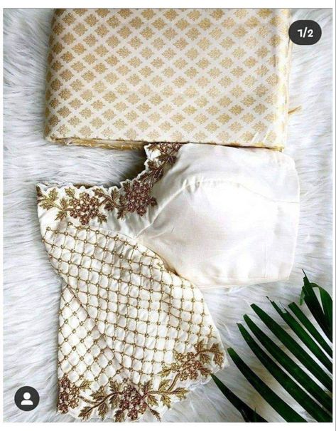 White Blouse With Gold Work, Off White Maggam Work Blouse, Blouse Designs Classy, White Colour Blouse Design, Aari Work Embroidery, White Blouse Designs, Blouses Work, Blouse Works, Classy Blouses