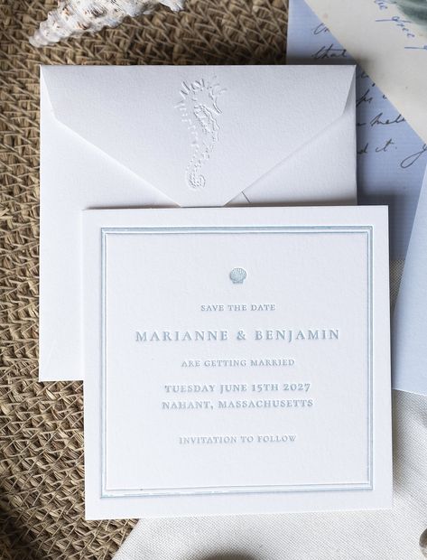 Yacht Club Wedding Invitations, Nantucket Save The Date, Seashell Wedding Invitations, Sea Wedding Invitations, Save The Date Ideas Blue, Coastal Save The Date, Black And White Save The Date Ideas, Letterpress Save The Date, Shell Wedding Invitations