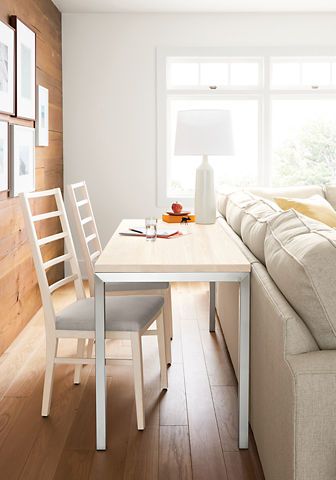 I love the idea of a small table/desk behind the couch for extra seating or as a small desk for paying bills, etc. Extra Seating Ideas, Desk Behind Couch, Cool Home Office, Small Living Room Furniture, Behind Couch, Living Room Dining Room Combo, Seating Ideas, Living Room Furniture Layout, Desk In Living Room