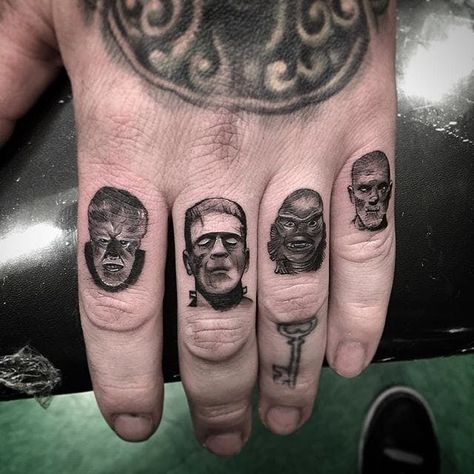 Tattoo uploaded by Xavier | Horror movie monster micro tattoos by Isaiah Negrete. #IsaiahNegrete #blackandgrey #fineline #microtattoo #horror #monster #classic #frankenstein #werewolf | 277016 | Tattoodo Frankenstein Tattoo, Virgo Constellation Tattoo, Horror Movie Tattoos, Monster Tattoo, Knuckle Tattoos, Movie Tattoo, Movie Tattoos, Sette Nani, Tattoo Zeichnungen