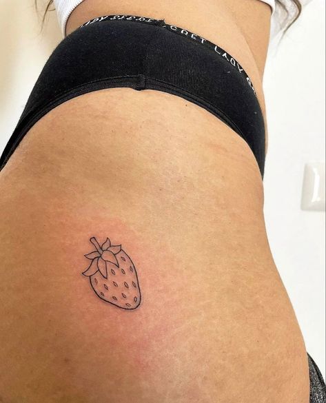 Strawberry Tattoo On Hip, Strawberry Simple Tattoo, Small Tattoos Strawberry, Red Ink Strawberry Tattoo, Two Strawberries Tattoo, Strawberry Tattoo Placement, Strawberry Leg Tattoo, Mini Strawberry Tattoo, Cute Fruit Tattoos