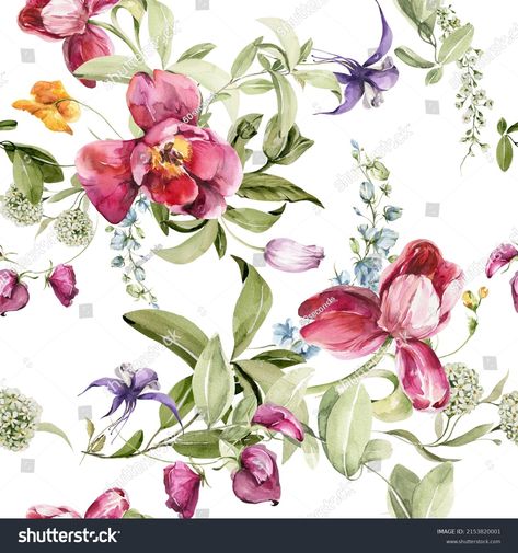 Watercolor Floral Seamless Pattern Hand Painted Stock Illustration 2153820001 | Shutterstock Kalamkari Fabric, Watercolor Flowers Pattern, Floral Seamless Pattern, Flower Pattern Design, Ikat Design, Digital Flowers, Lace Design, Watercolor Floral, Bird Art