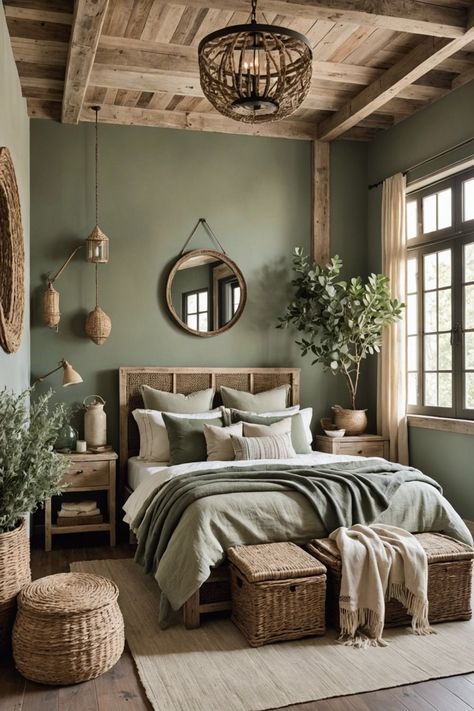 Green Bedroom Farmhouse, Earthy Coastal Bedroom Ideas, Wood Green Bedroom, Nature Inspired Bedroom Ideas, Forest Green Accent Wall Bedroom, Green Rustic Bedroom, Safe Green Bedroom, Modern Farm Bedroom, Large Bedroom Ideas