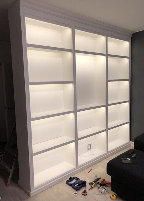 #diyideas #ikeahack #hacks Billy Ikea, Ikea Organization Hacks, Ikea Built In, Billy Bookcase Hack, Ikea Billy Bookcase Hack, Bookcase Lighting, Ikea Living Room, Room Hacks, Ikea Hack Ideas