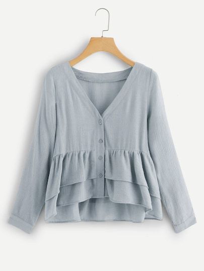 Single Breasted Tiered Layer Blouse -SheIn(Sheinside) Ruffle Hem Blouse, Peplum Shirt, Fall Blouse, Layered Blouse, Indian Blouse, Hem Blouse, Women Blouses, Spring Shirts, Blouse Online