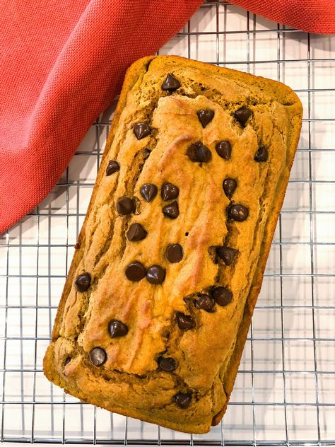 Pumpkin Protein, Pumpkin Everything, Chocolate Chip Bread, Pumpkin Chocolate Chip Bread, Healthy Protein Snacks, Protein Bread, Healthy Chocolate Chip, Pumpkin Chocolate Chip, Pumpkin Bread Recipe